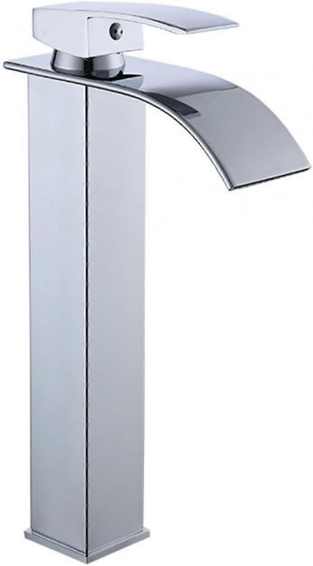 Waterfall Overmount Basin Faucet Hot And Cold Tall Flat Spout Single Lever Silver Finish Bathroom Sink
