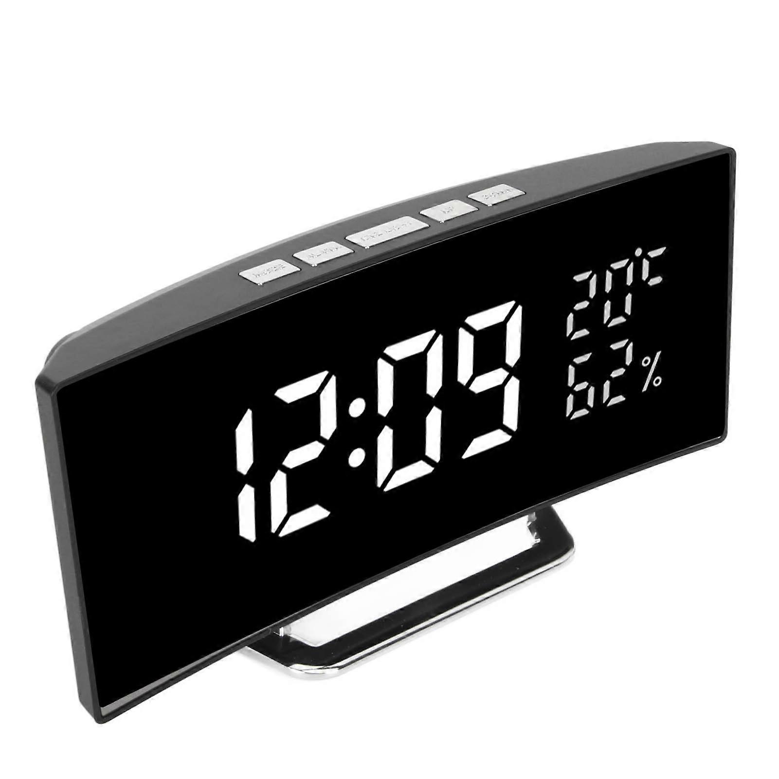 Curved Digital Clock LED Mirror Backlight 3 Level Brightness Desktop Clock with Temperature Humidity Display White Light