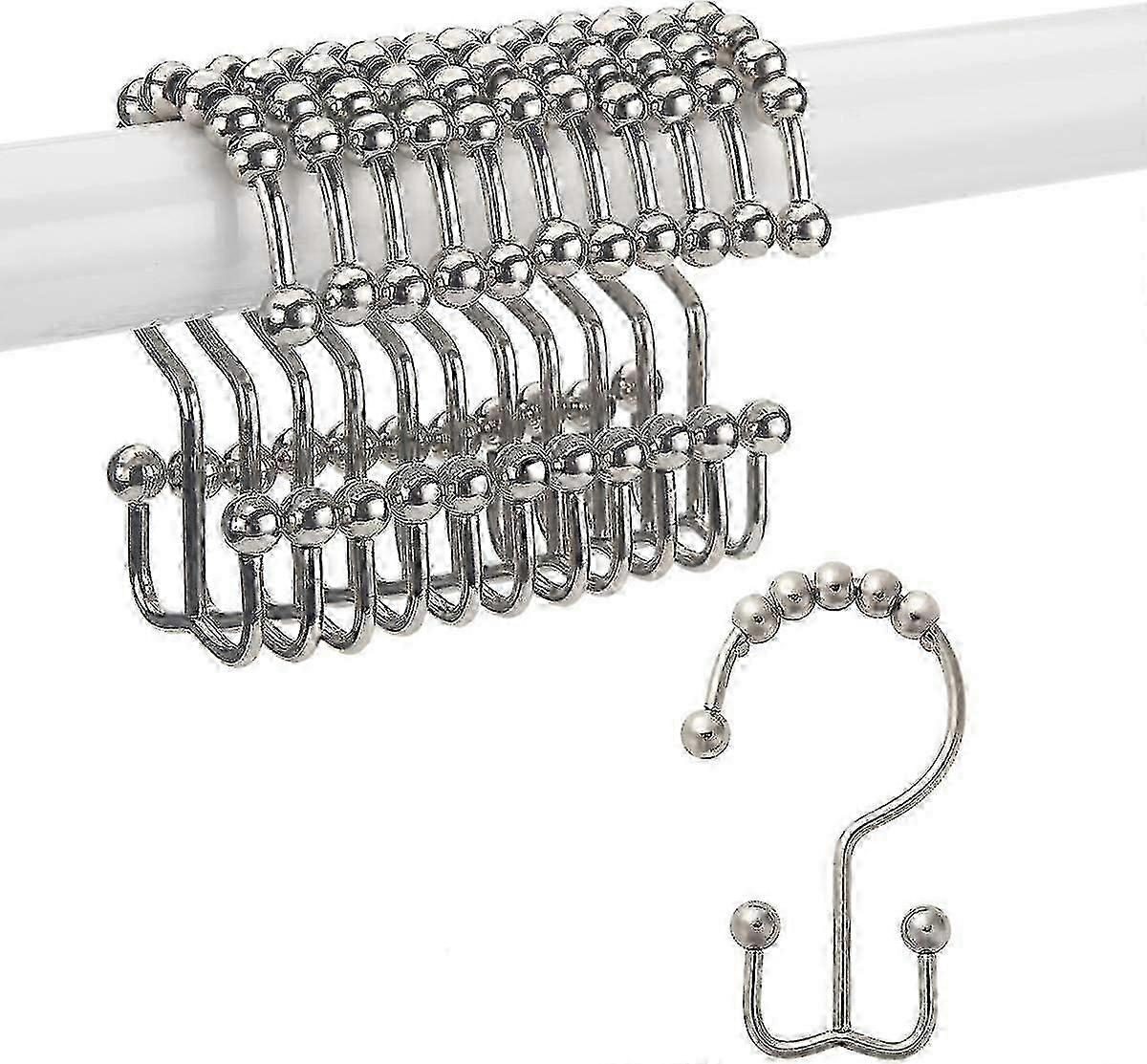 Shower Curtain Hooks Rings, Rust-resistant Metal Double Glide Shower Hooks For Bathroom Shower Rods Curtains, Set Of 12 Hooks - Chrome Play