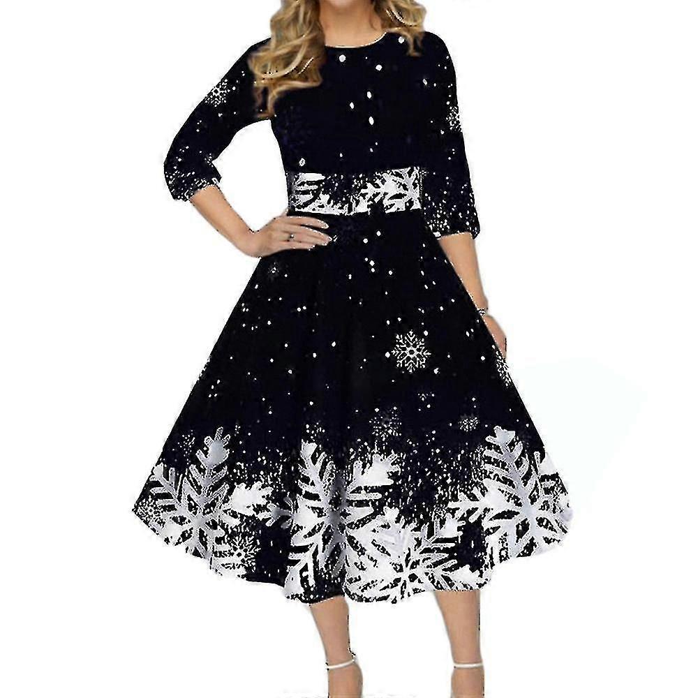 Retro Naisten joulu lumihiutale printti A-linjainen mekko Xmas Party Swing mekot