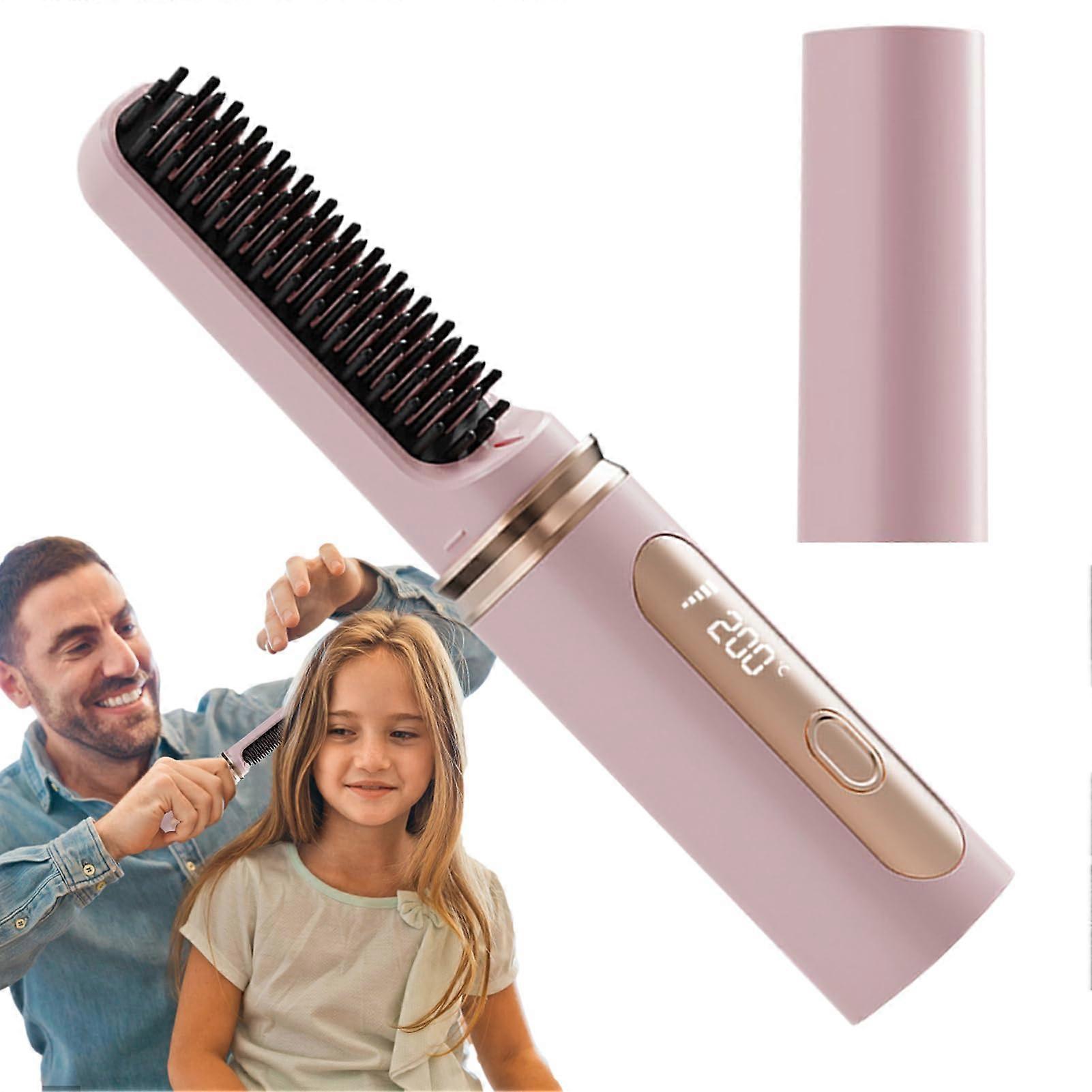 Hair Straightener Brush Cordless NoDamage Comb & Curler 7.17x1.57 In USBPowered Adjustable Temp Fast Heating Pink
