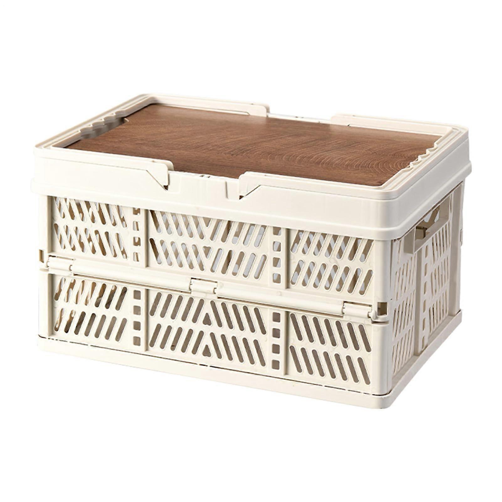 Camping Storage Box Foldable with Handles and Lid, CreamColoured Medium, Stackable Basket for Car and Home