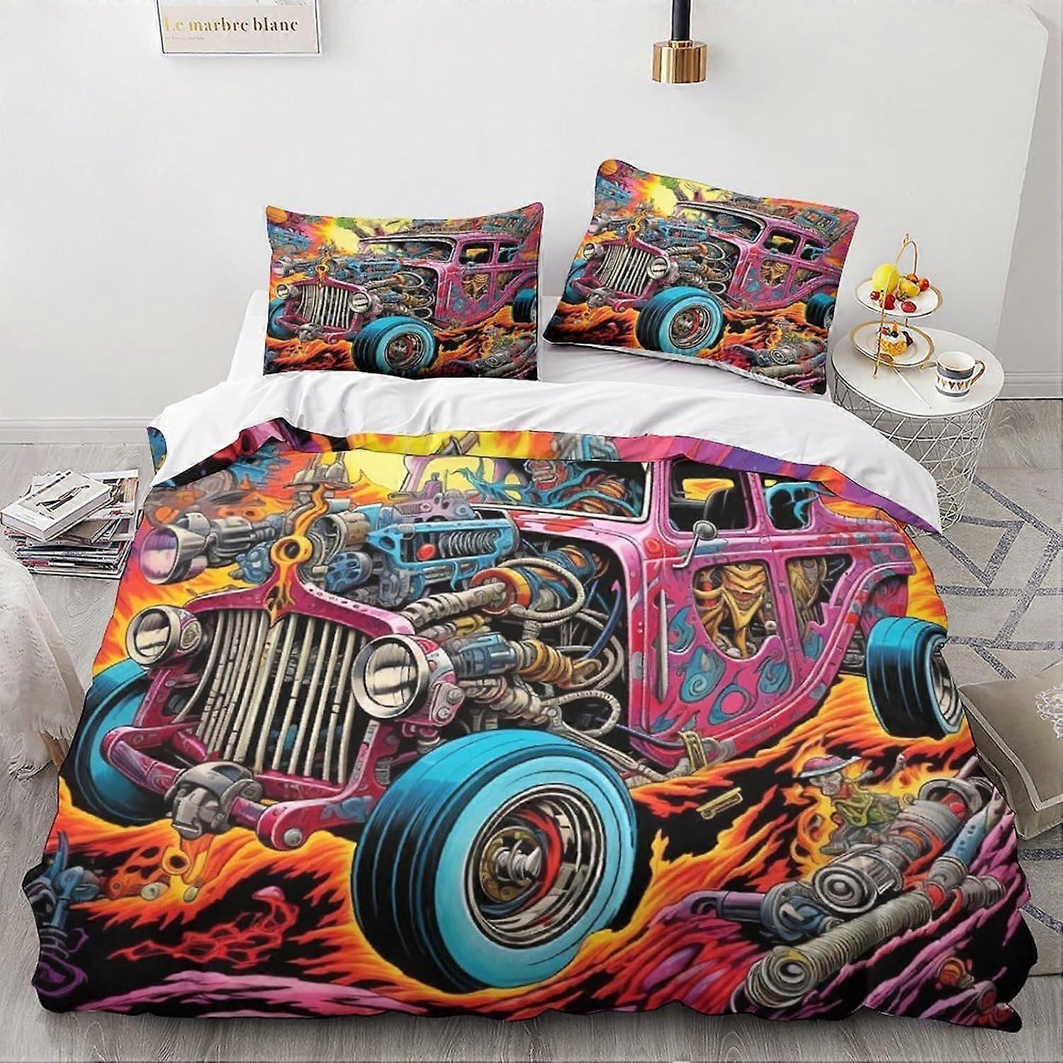 LikeEj الوحش الفراش خمر سيارة لحاف غطاء 3D الكرتون طباعة الفراش غطاء المعزي للمراهقين ستوكات 3 قطعة غطاء لحاف مزين مزدوج