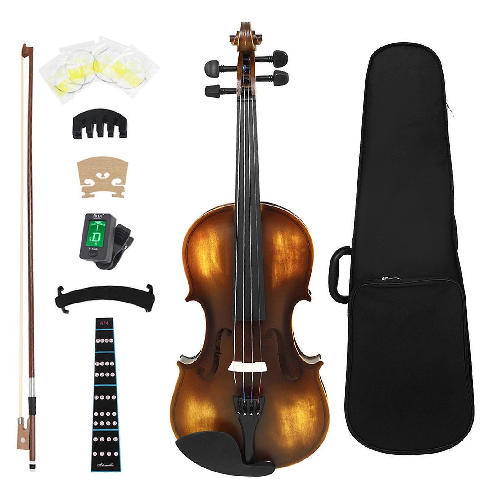 4/4フルサイズバイオリン、明るいアコースティックバイオリン、ケース&弓付き無垢材、初心者バイオリン、楽器アクセサリー、レトロな輝き