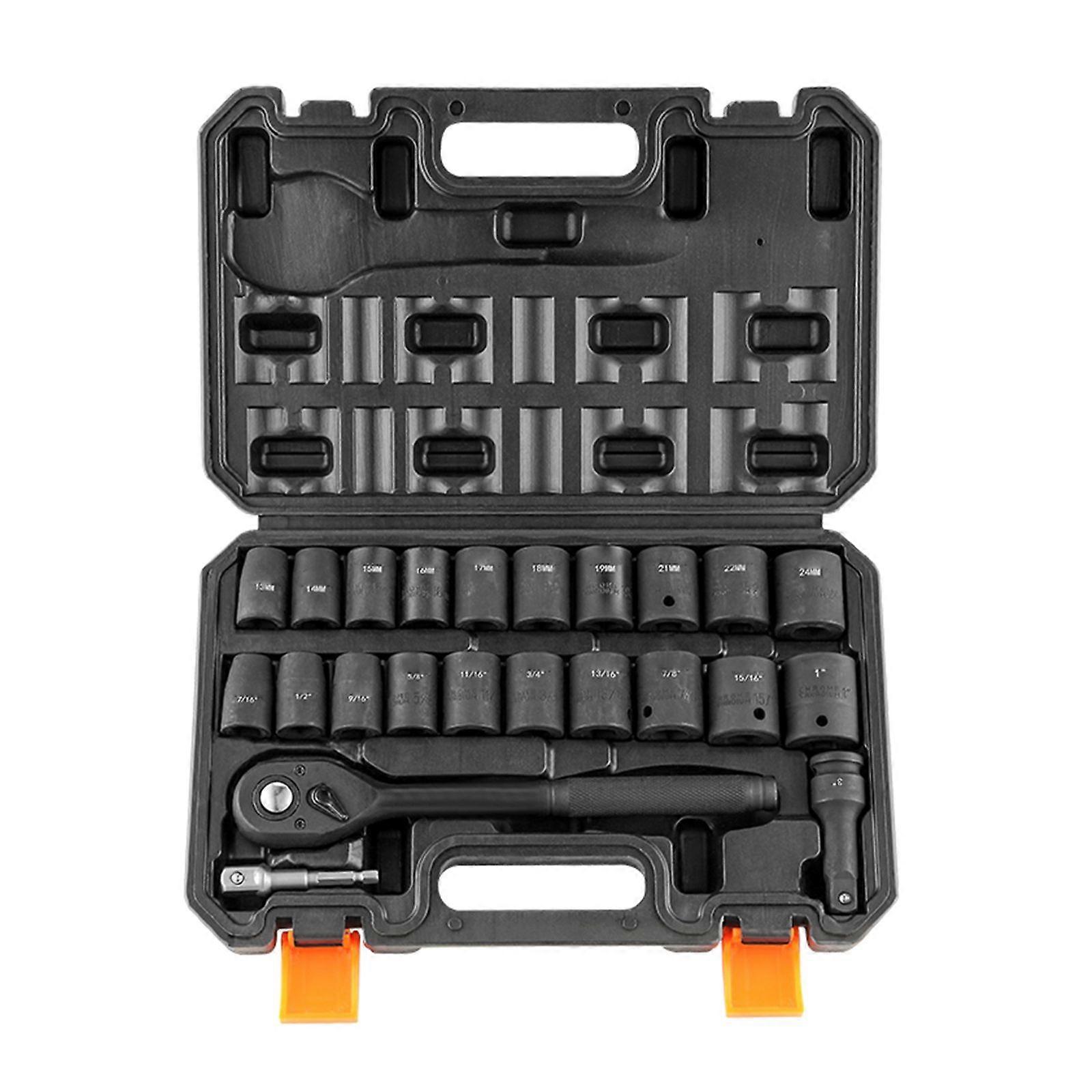 1/2" Drive Impact Socket Set, 23 Piece Socket Set SAE 7/16" -1"&; Metrisk 13-24mm6 punkt Cr-V legering stål for automatisk reparasjon