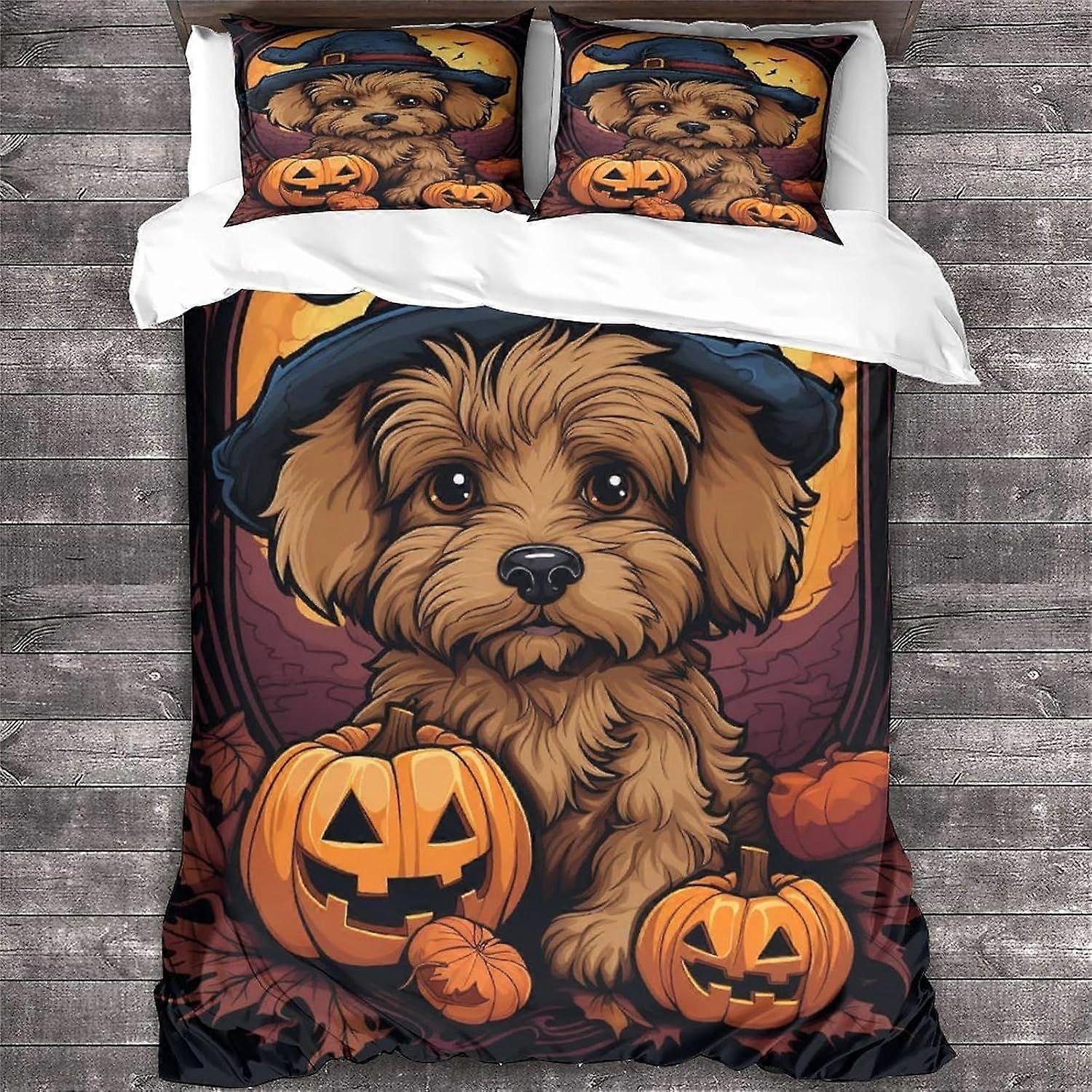 LikeEj 3 peças de capa de edredom para cachorro com fronhas, conjunto de cama com impressão de Halloween com fechamento com zíper, animal colcha de areia King