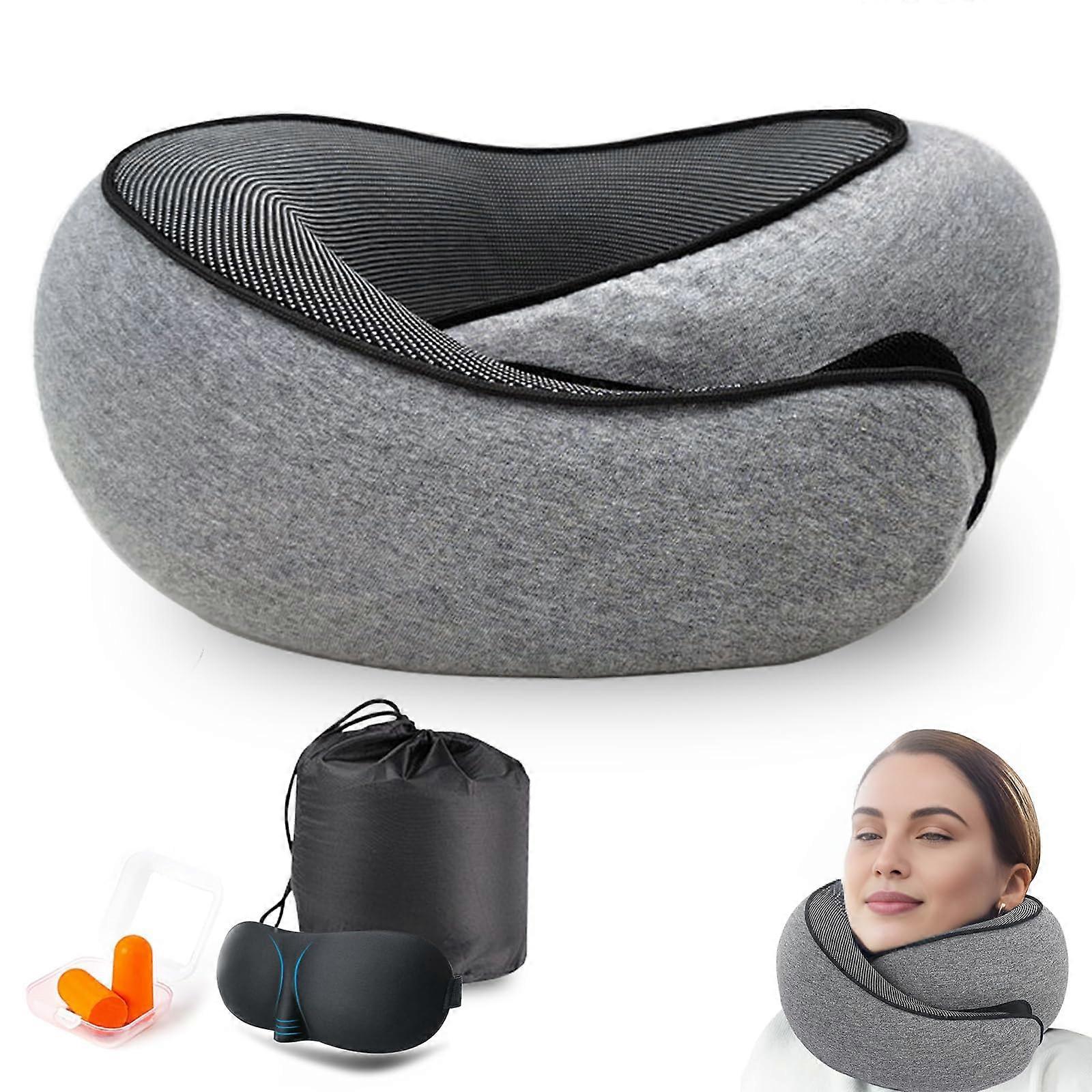 Memory Foam Travel Neck Pillow for Airplane Sleeping, Ergonomic Support for Adults, Grey Portable Pillow for Car and Airport