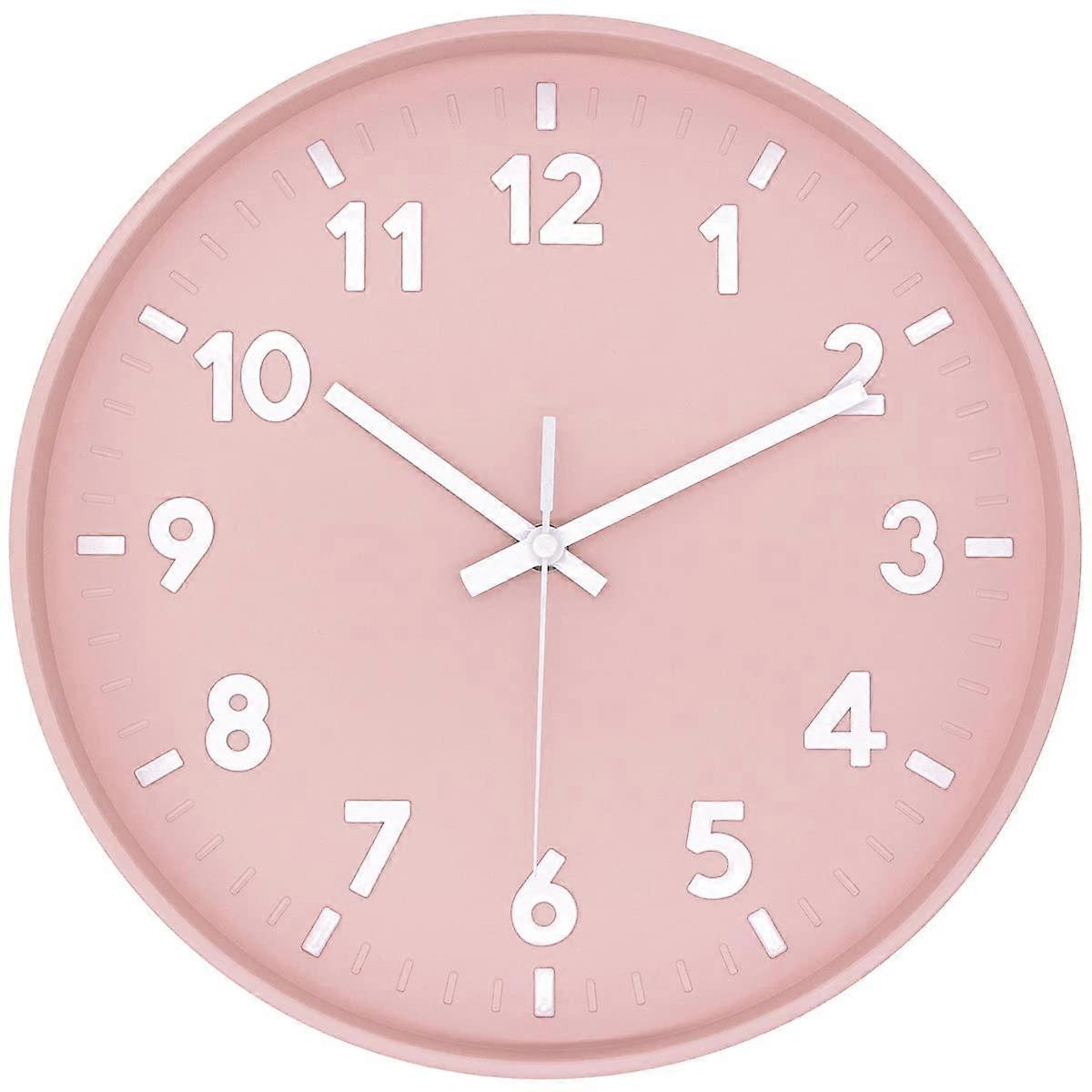 Silent Wall Clock 12 Inch with Easy Read 3D Numbers, Colorful Modern Dial, Non Ticking Quartz Pink