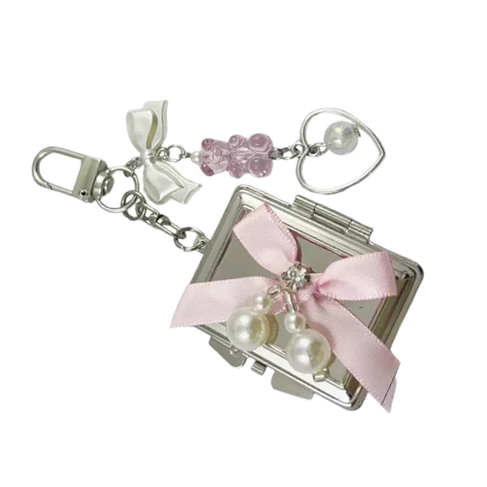 Mirror Keychain Embellished with Colorful Bowknot and Heart Compact and Stylish Bag Pendant Ornament Ideal Gift Choice Multicolor