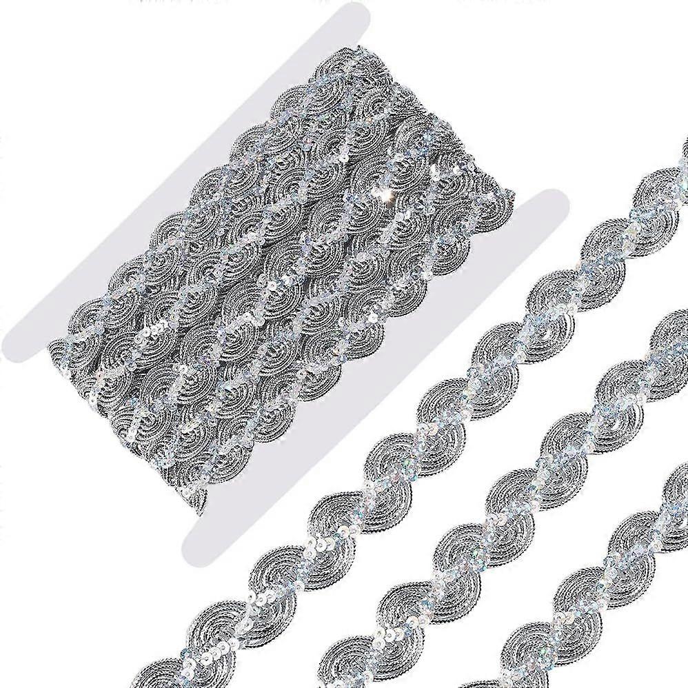 6 Yards Metallic Gimp Braid Trim 2.3cm Silver Scalloped Edge Lace Trim Sequin Glitter Applique Edging Trimmings Christmas Wavy Lace Ribbon for Sewing 