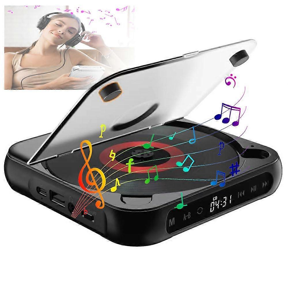 Portable CD Player Bluetooth Speaker With Touch Control Earphones Included Rechargeable 2000mAh Battery Black