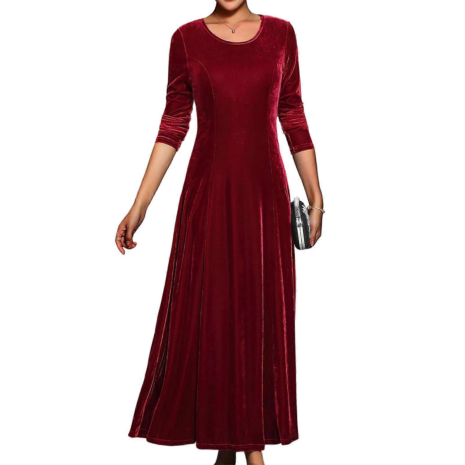 Dress for Women Elegant Long Sleeve Ruched Velvet Stretchy Long Dress Casual  Crew Neck Maxi Dresses with Pockets Red S