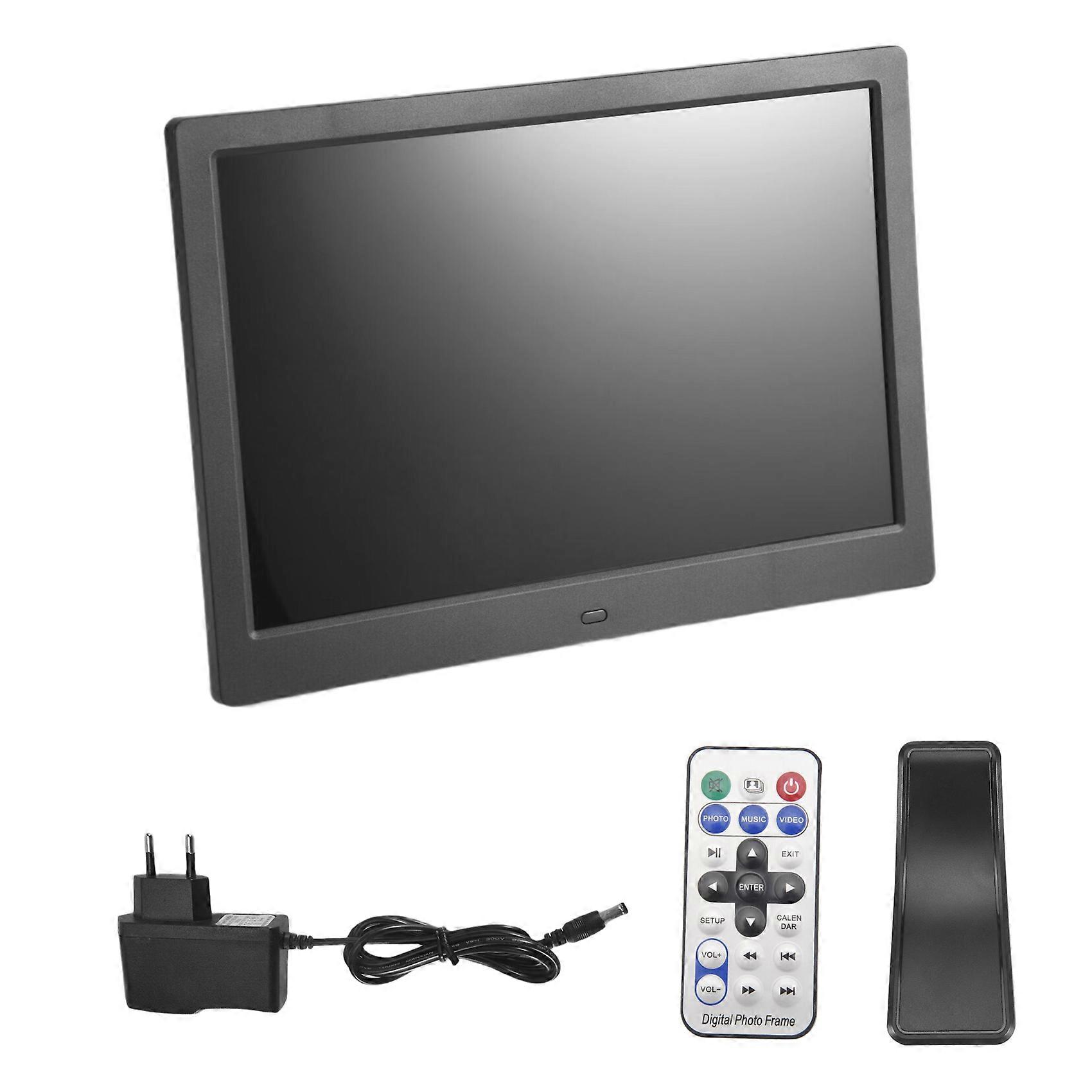 Porta-retratos digital de 12 polegadas com controle remoto sem fio, compatível com cartão SD/USB e plugue europeu.