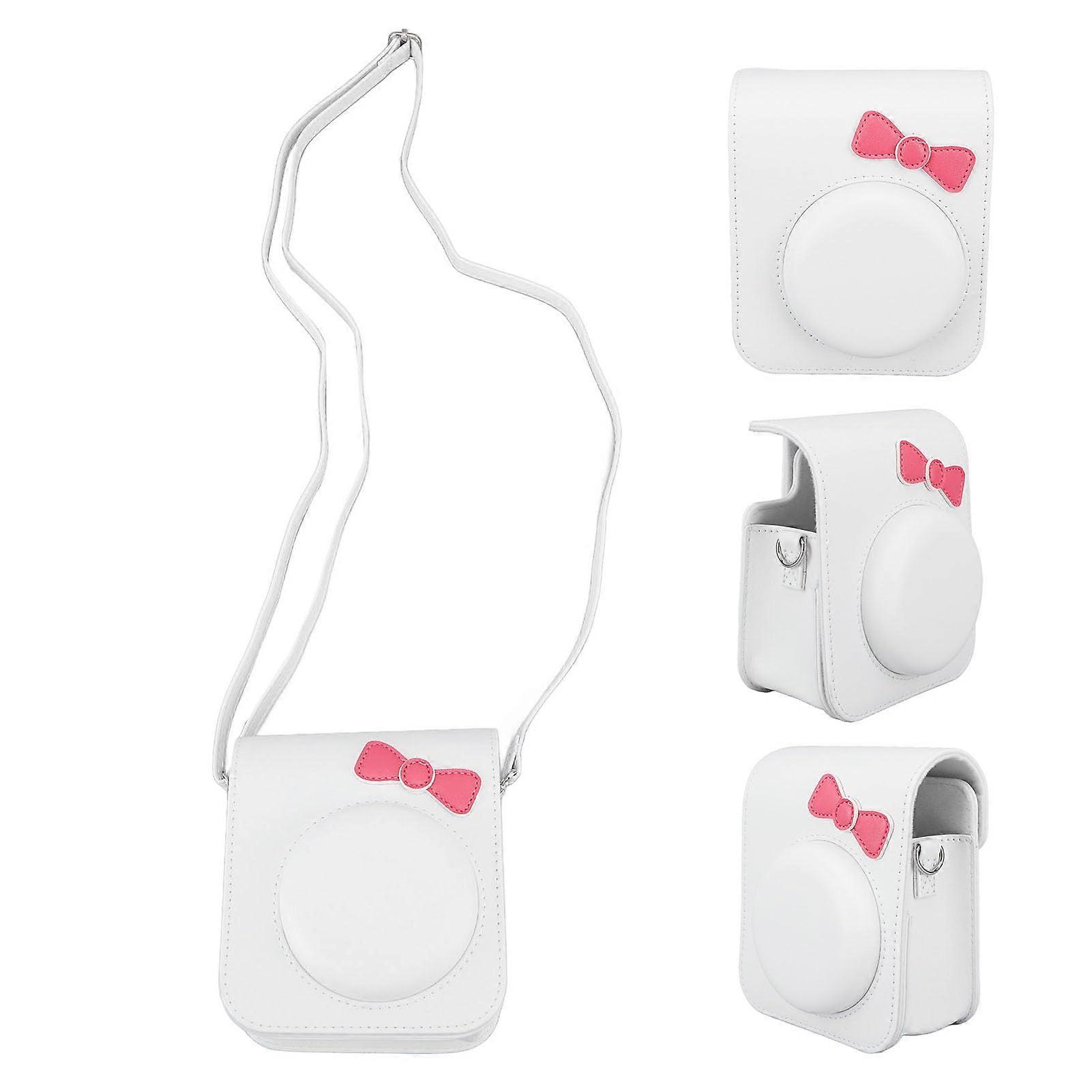 PU Leather Camera Case with Adjustable Strap and Stylish Bow Tie Design Blue for Instax Mini 12