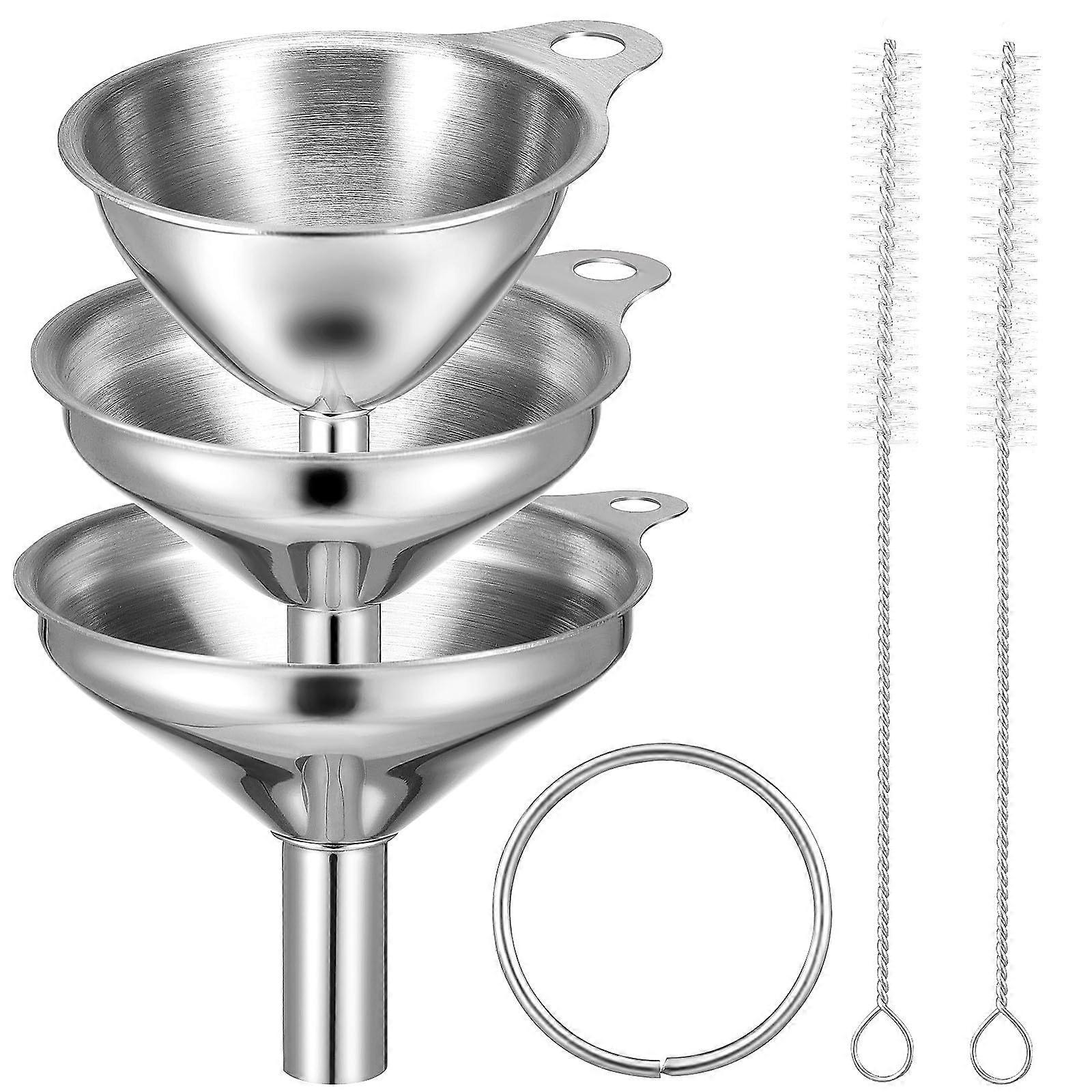 Stainless Steel Funnels Set with Wide Mouth for Bottles and Jars, 3 Sizes, Cleaning Brushes Included