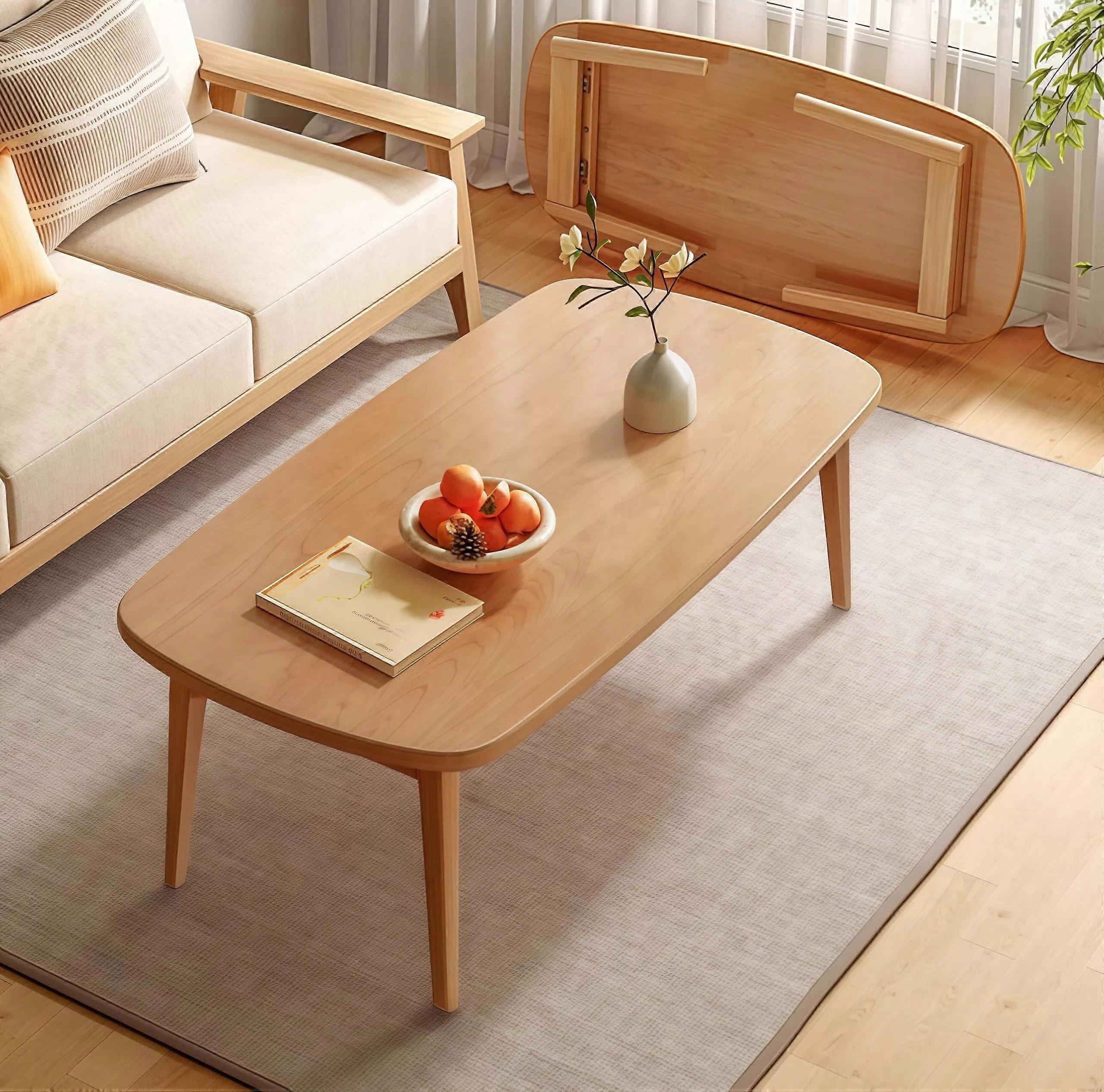 Solid Wood Coffee Table with Foldable Legs, SpaceSaving Minimalist Sofa Table, 31.5in Natural Finish
