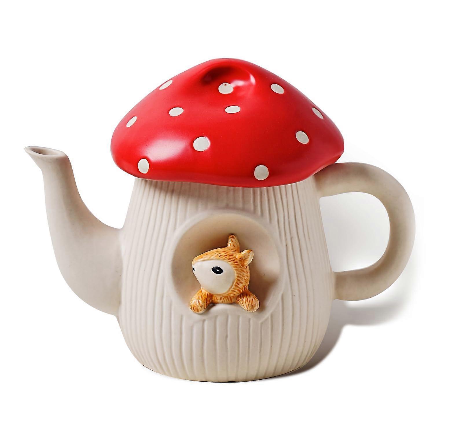 Cute Mushroom Ceramic Teapot 700ml with Glazed Polka Dot Lid, Thick Insulation, Gift Ready