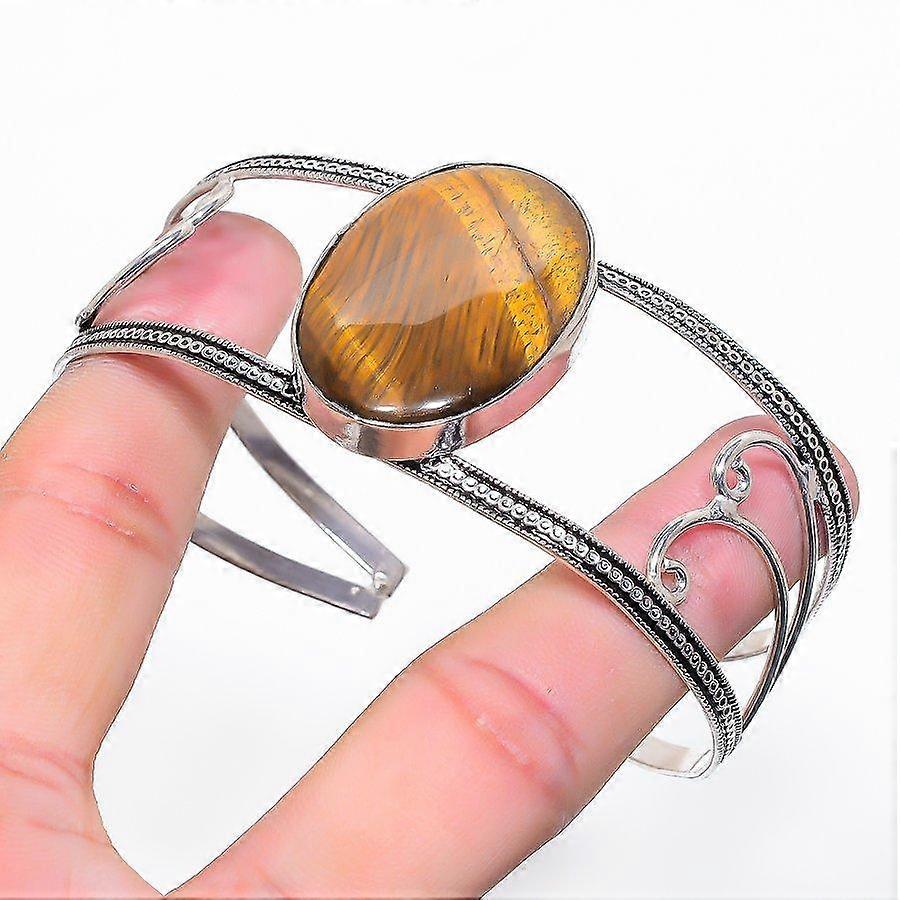Natural Tiger Eye Gemstone 925 Sterling Silver Cuff Bangle Adjustable t4O74