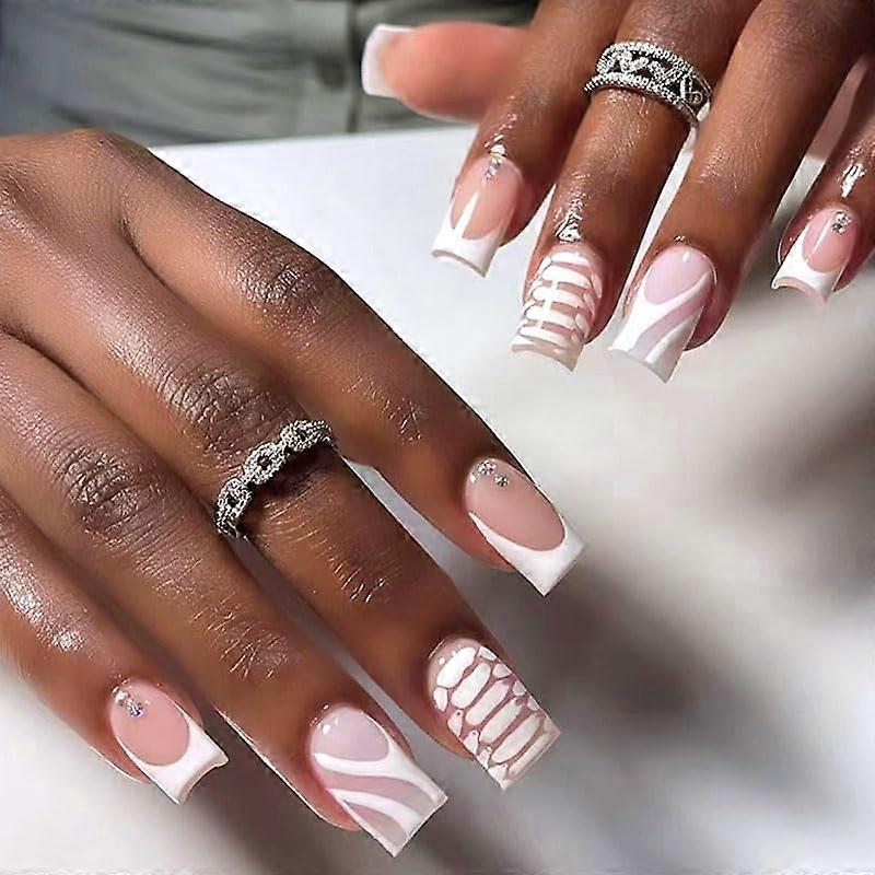 Medium Square French Tip Press On Nails with Rhinestones, Reusable False Nail Set 24Pcs