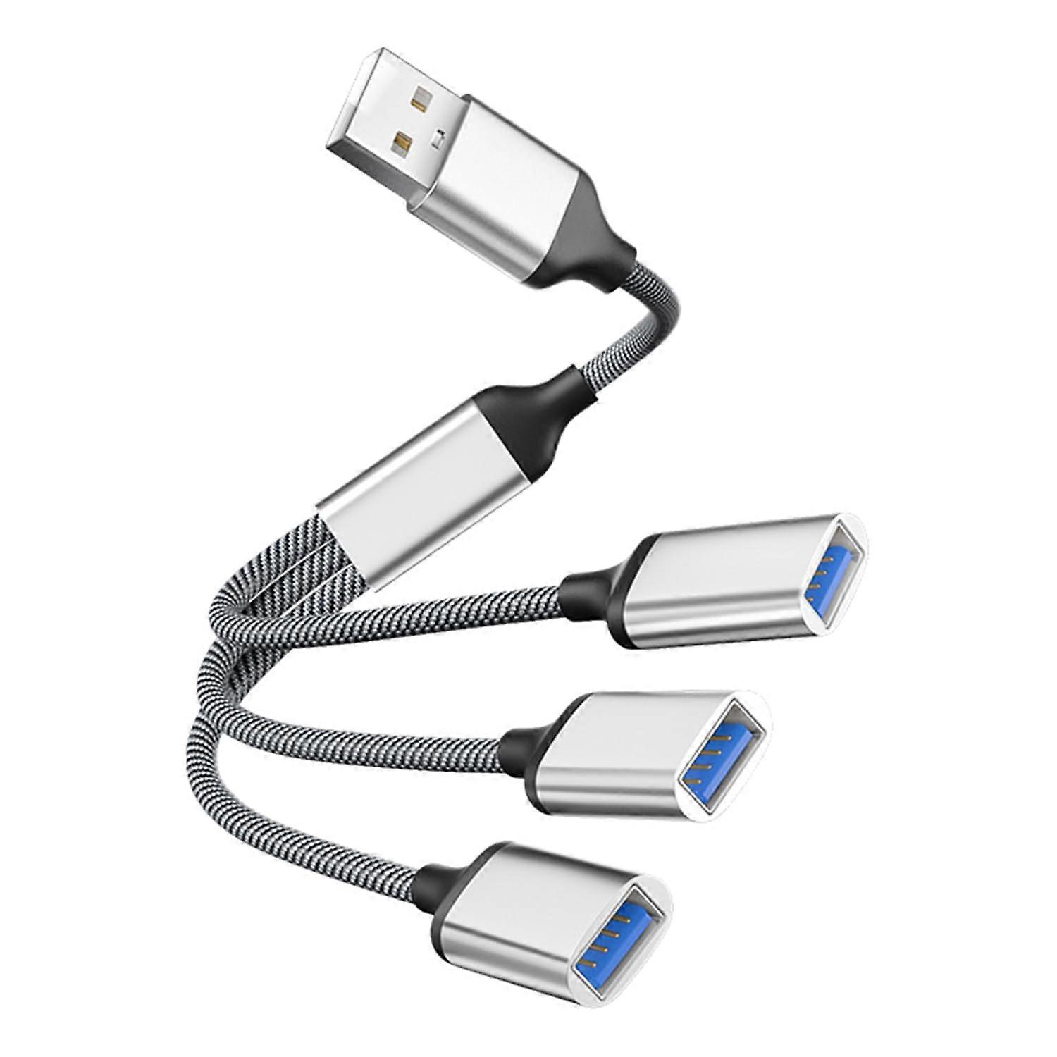 USB Splitter 1 to 3 USB 2.0 Hub Fast Charging Speed Data Transfer Durable Braided Cable Silver
