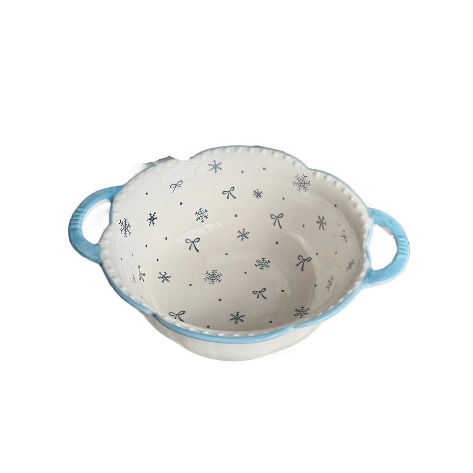 Large White Ceramic Serving Bowl 8.5 Inch Double Handle Soup Bowl with Elegant Butterfly Pattern