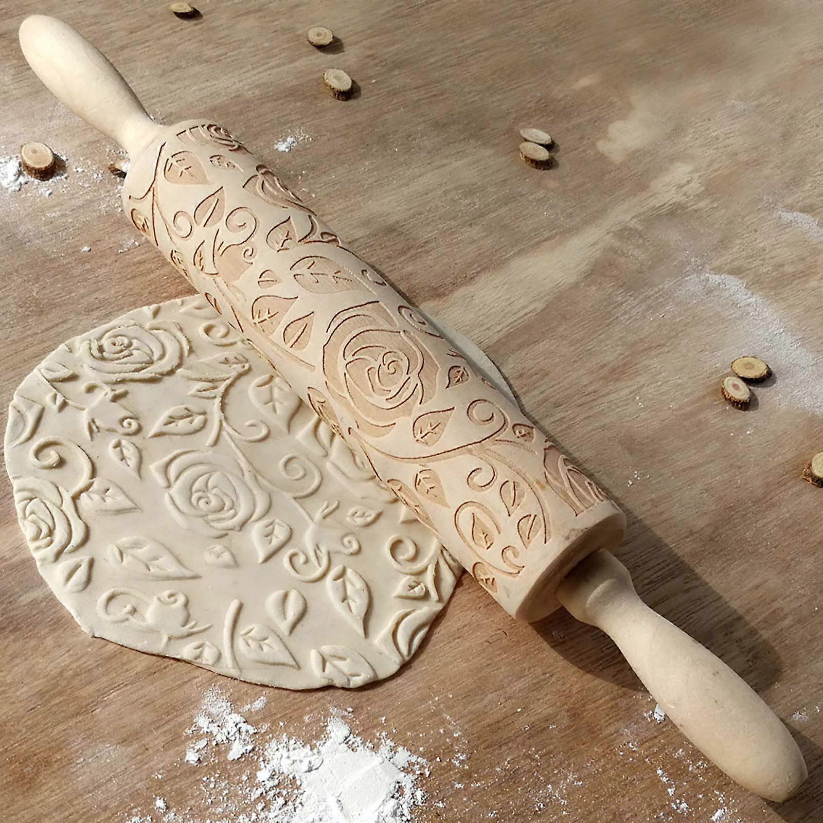 Embossed Wooden Rolling Pin with Deep Rose Pattern for Baking Cookies and Comfortable Grip