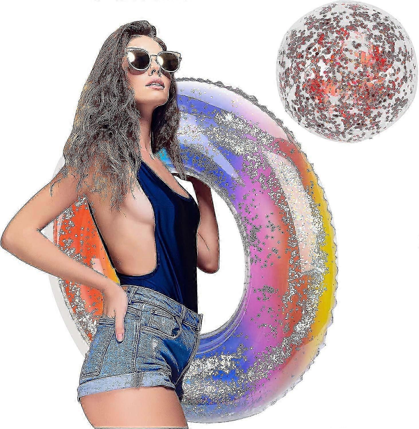 Glitter Sequin Inflatable Swim Ring, Transparent Pool Float Tube for Summer Party
