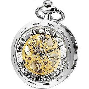 Mens Steampunk Mechanical Pocket Watch Transparent Open Face Silver/Bronze