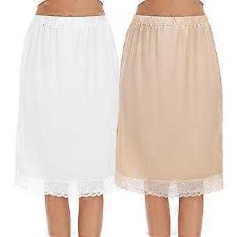 Knælang midi-nederdel med blondekant, damekjole i satin med for, 2 stk. underkjole, blondedetaljer og antistatisk stof, Baijiabai XL