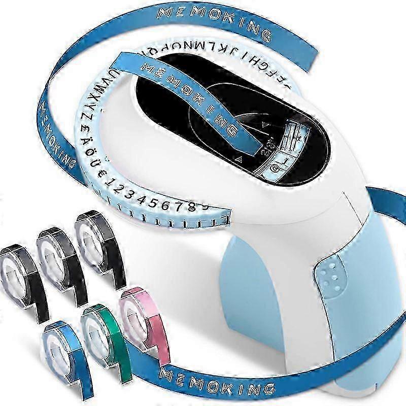 E975 Embossing Label Printer Machine with 6 Rolls Emboss Tapes, Blue