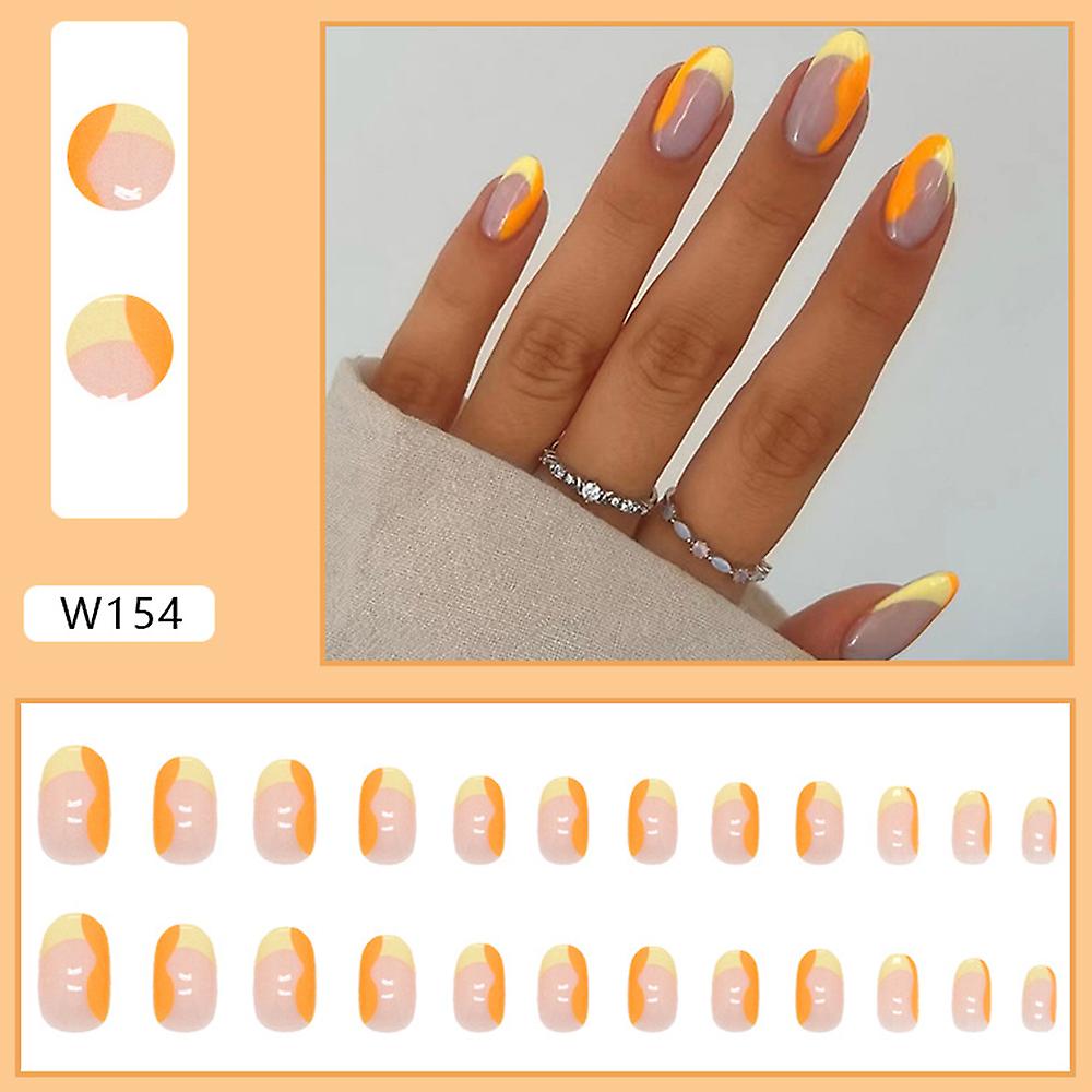 24pcs Glossy Yellow False Nails Wave Round Head Fake Nails