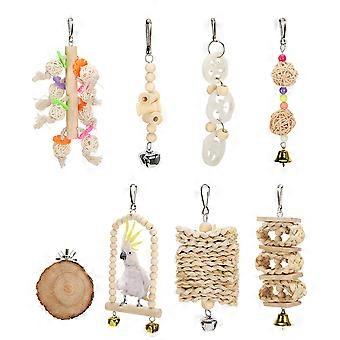 8 Packs Bird Parrots Hanging Swing Cage Toys Natural Wood Bird Climbing Chewing Toy Set