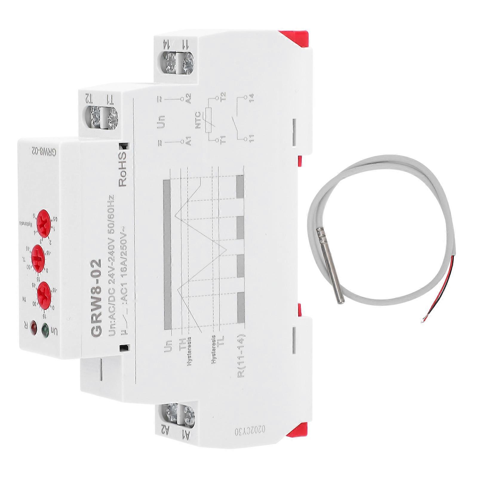 Ouitble Temperature Control Switch Temperature Control Relay GRW8-02, DIN Rail Installation, AC/DC 24V-240V, with Test Probe, Temperature Control