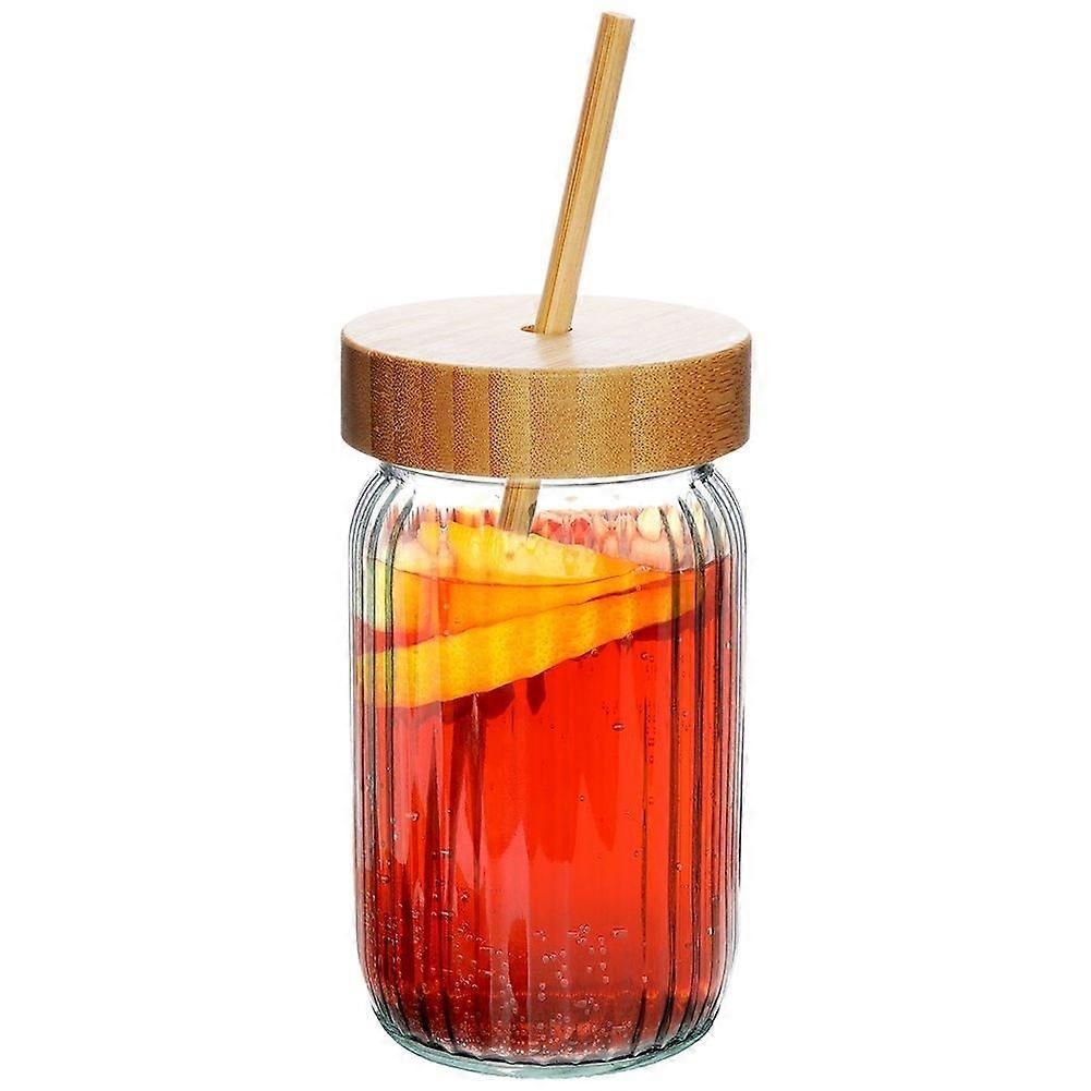 Thick glass drinking jar with elegant stripes and bamboo straws