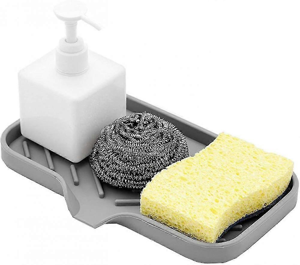 Silicone Sponge Holder - Kitchen Sink Organizer Caddy - Storage Tray For Dish Sponge, Soap Dispenser, Scrubber 24x15x2cm (gray)