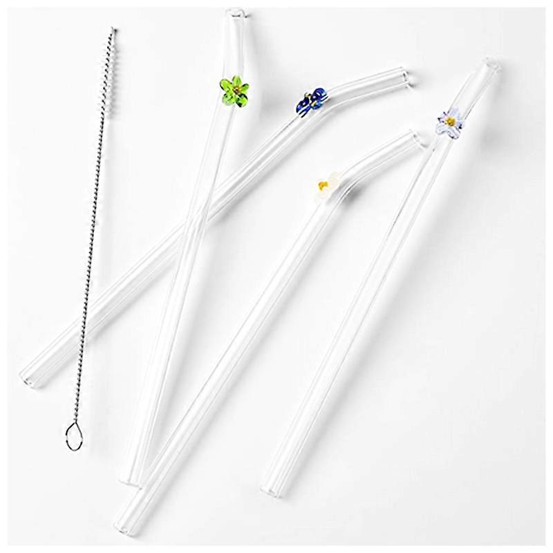 5 PCS Glass Straw with Flower Decor and Cleaning Brush for Milkshakes Juice