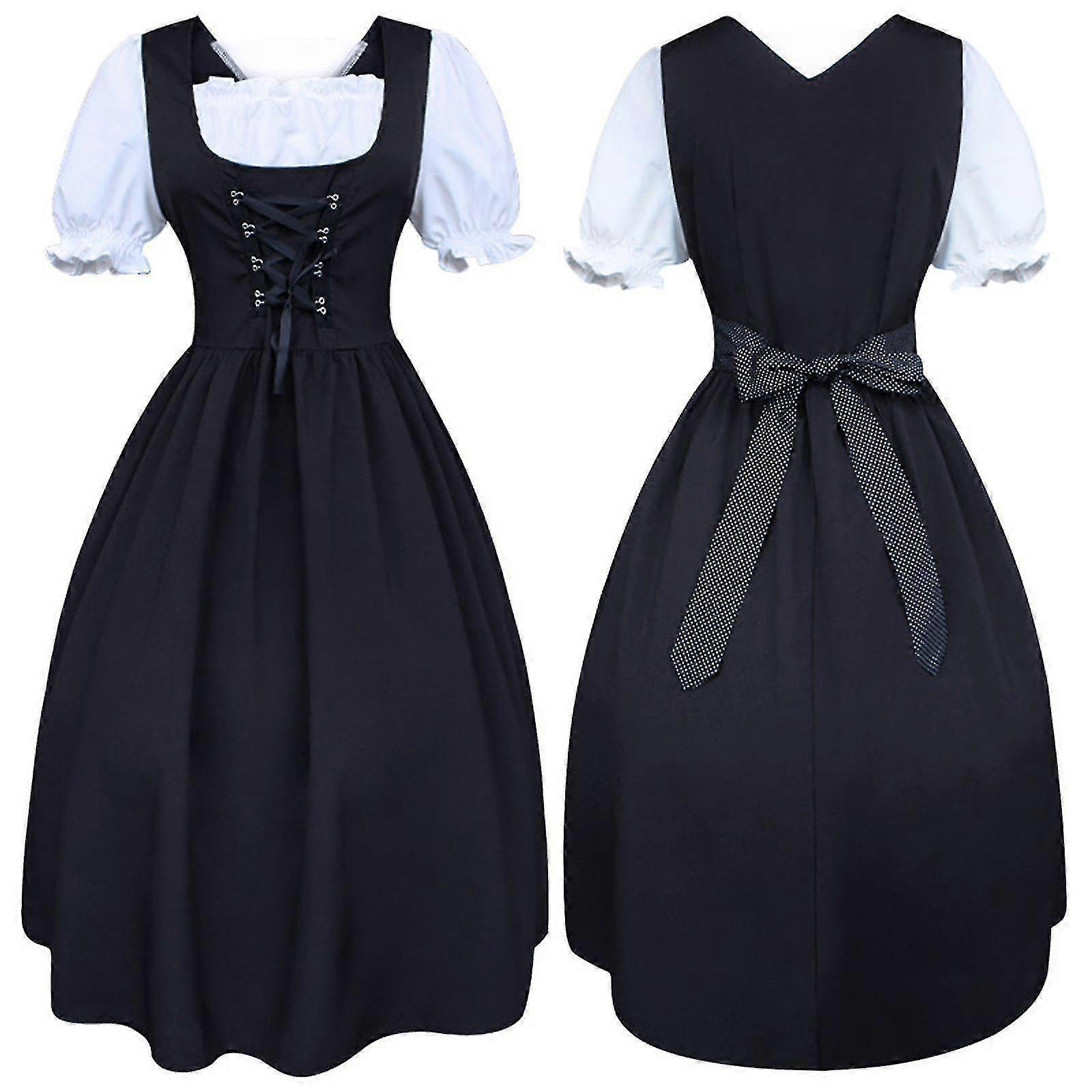 Abito Midi Dirndl Donna 2 pezzi Con Grembiule E Camicetta Nero Bianco