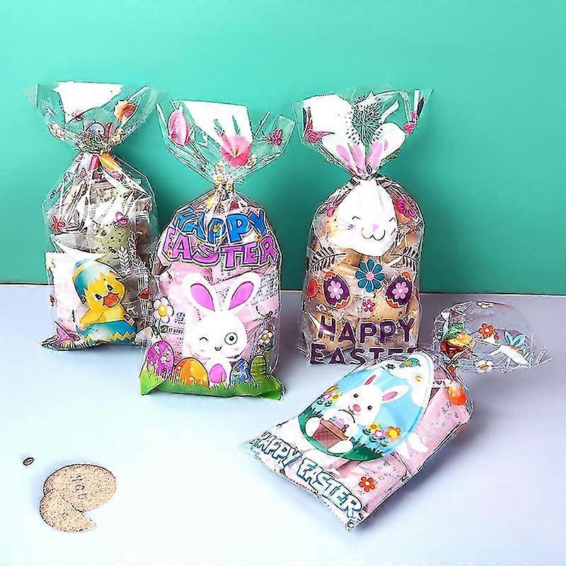 50pcs Easter Gift Bags With Tie Wire Bunny Eggs Plastic Packaging Candy Bags