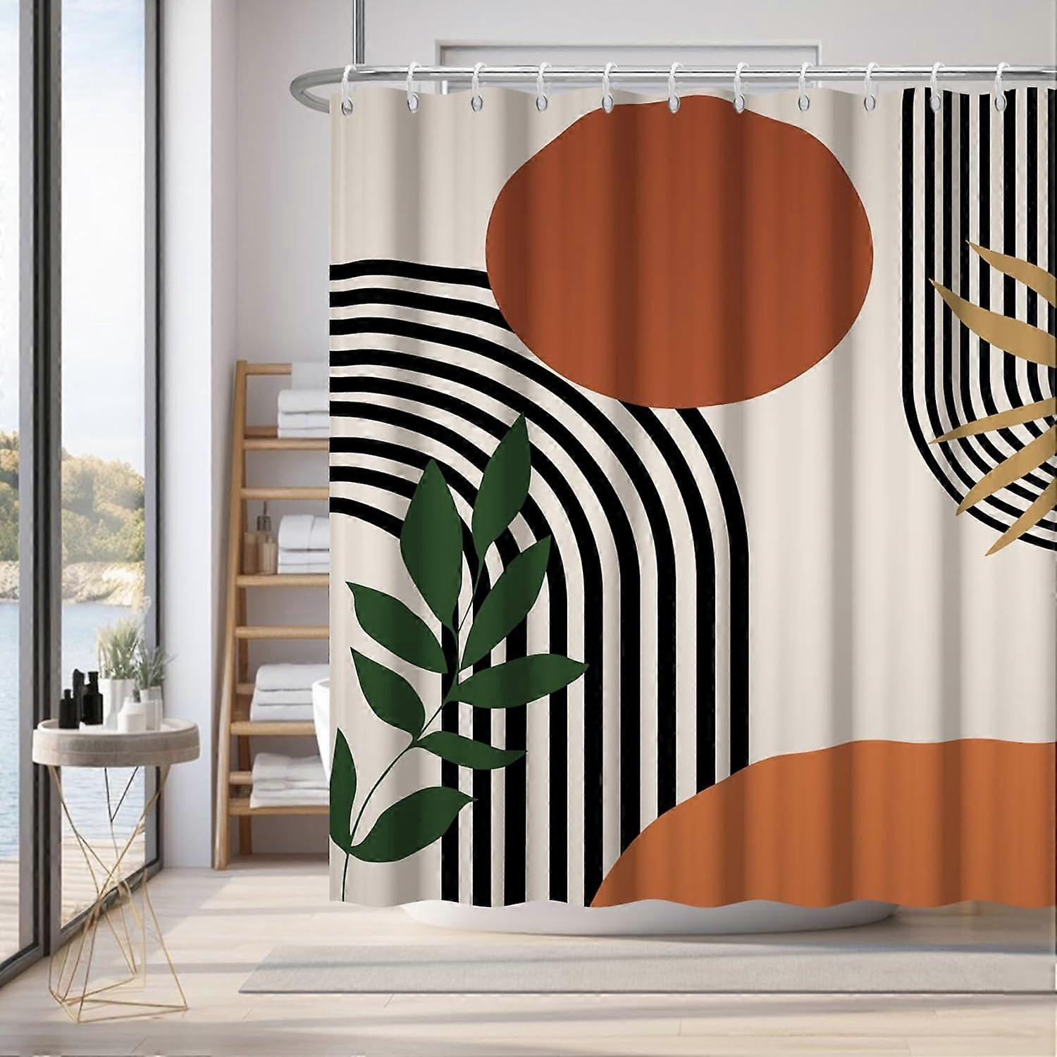 72x84 Inches Mid Century Boho Shower Curtain for Bathroom Abstract Arch Sun Green Sage Leaves Bath Curtain Set Modern Minimalist Fabric Shower Curtain