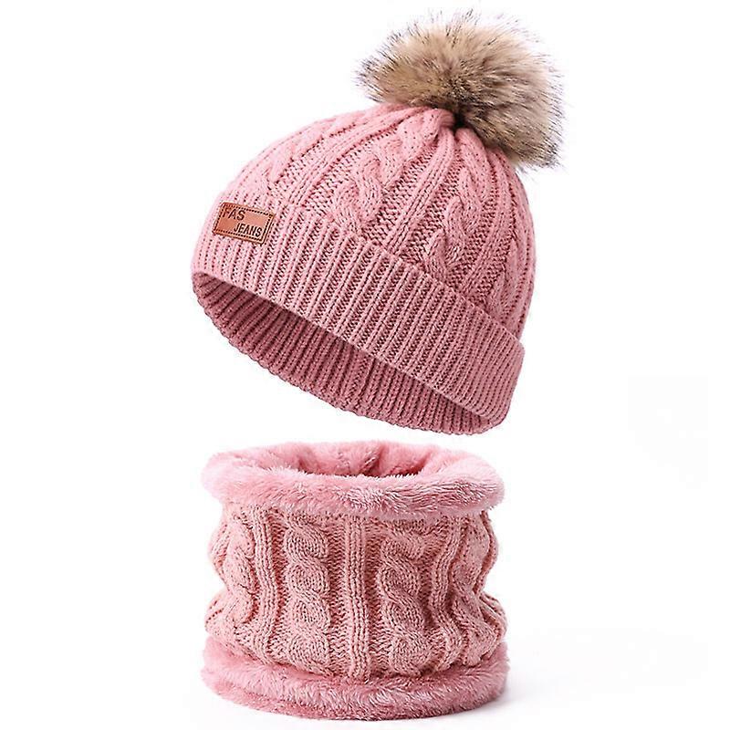 Toddler Wool Scarf and Hat Set Winter Twisted Single Pompom Knitted Hat Dark Pink