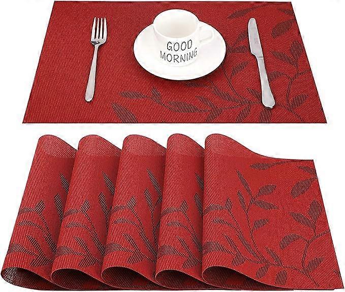 Placemats Set of 6 (Red Leaf) PVC Non-Slip Washable Heat Resistant Rectangular Placemats (45 x 30 cm) for Dining Room, Kitchen Table or Dining Room