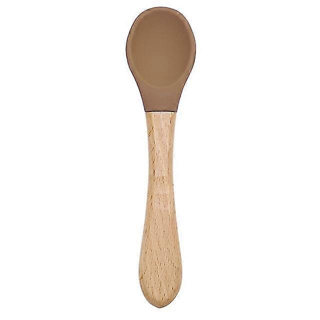Feeding Wooden Handle Silicone Spoon Eating Solid Food, Children Training Practical Ability Tableware (Walnut)
