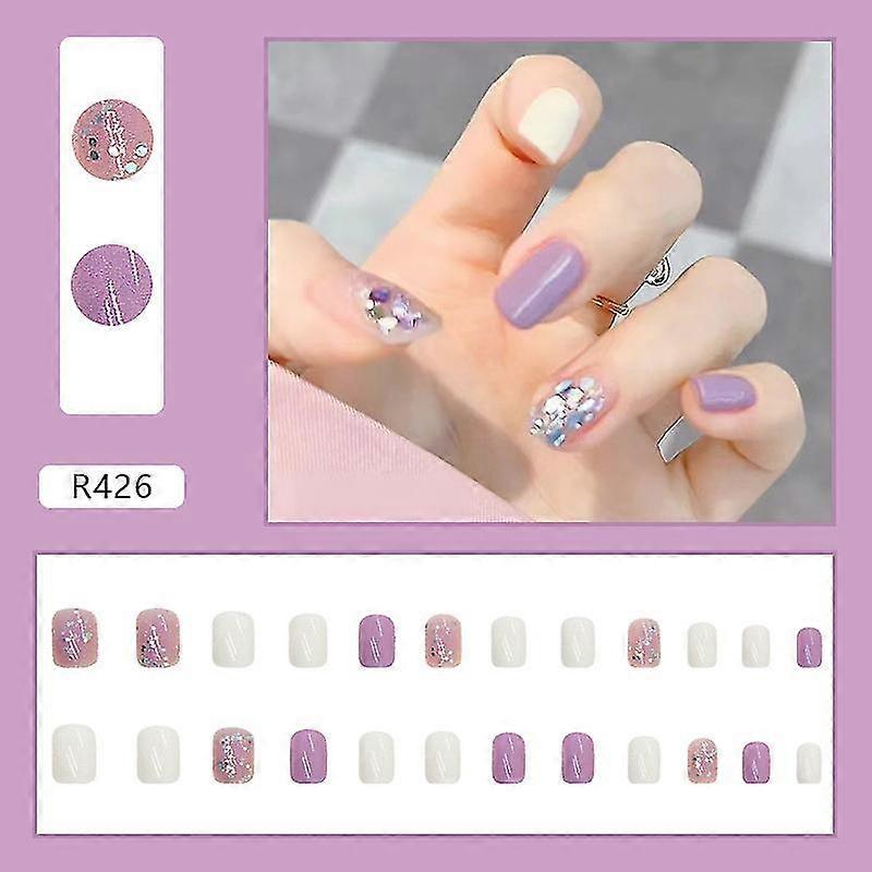 Short Square Nail Taro Purple Shiny Milky White Color Matching 24 Pieces Pure Desire Manicure Patches Can Be Detachable