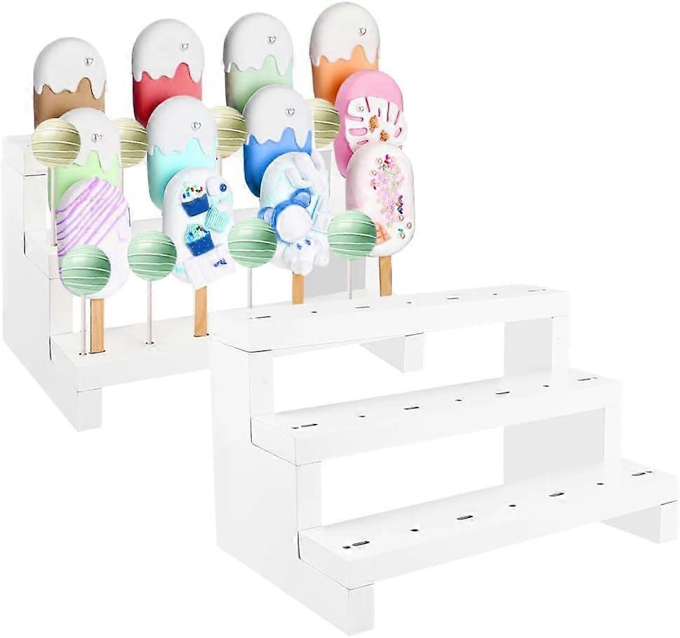 2Pcs Cakesicle Stand Display 3 Tier White Wooden Cake Pop Stand Display Riser 27 Holes Sucker Stand for Dessert Table Wooden Lollipop Holder Display f