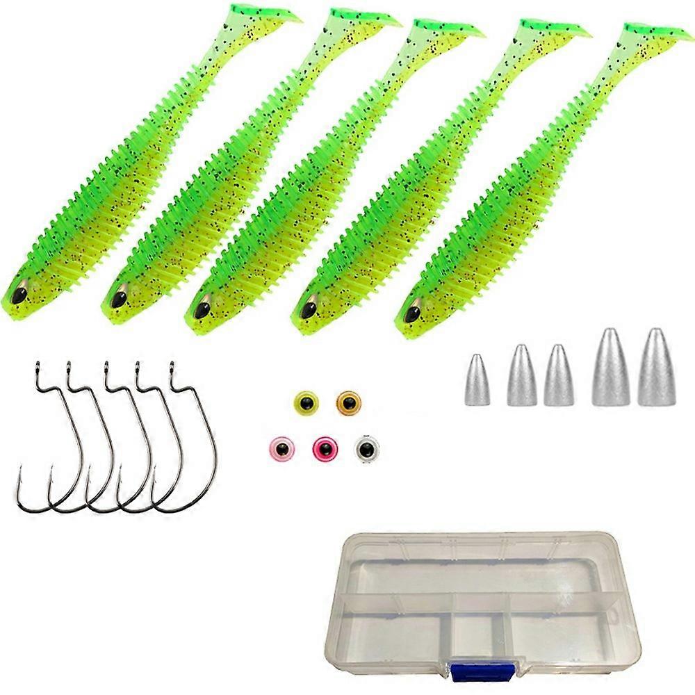 5 Sets 7.5cm 4.8g Soft Worm T-Tail Texas Rig Fishing Lures with Storage Box - Green