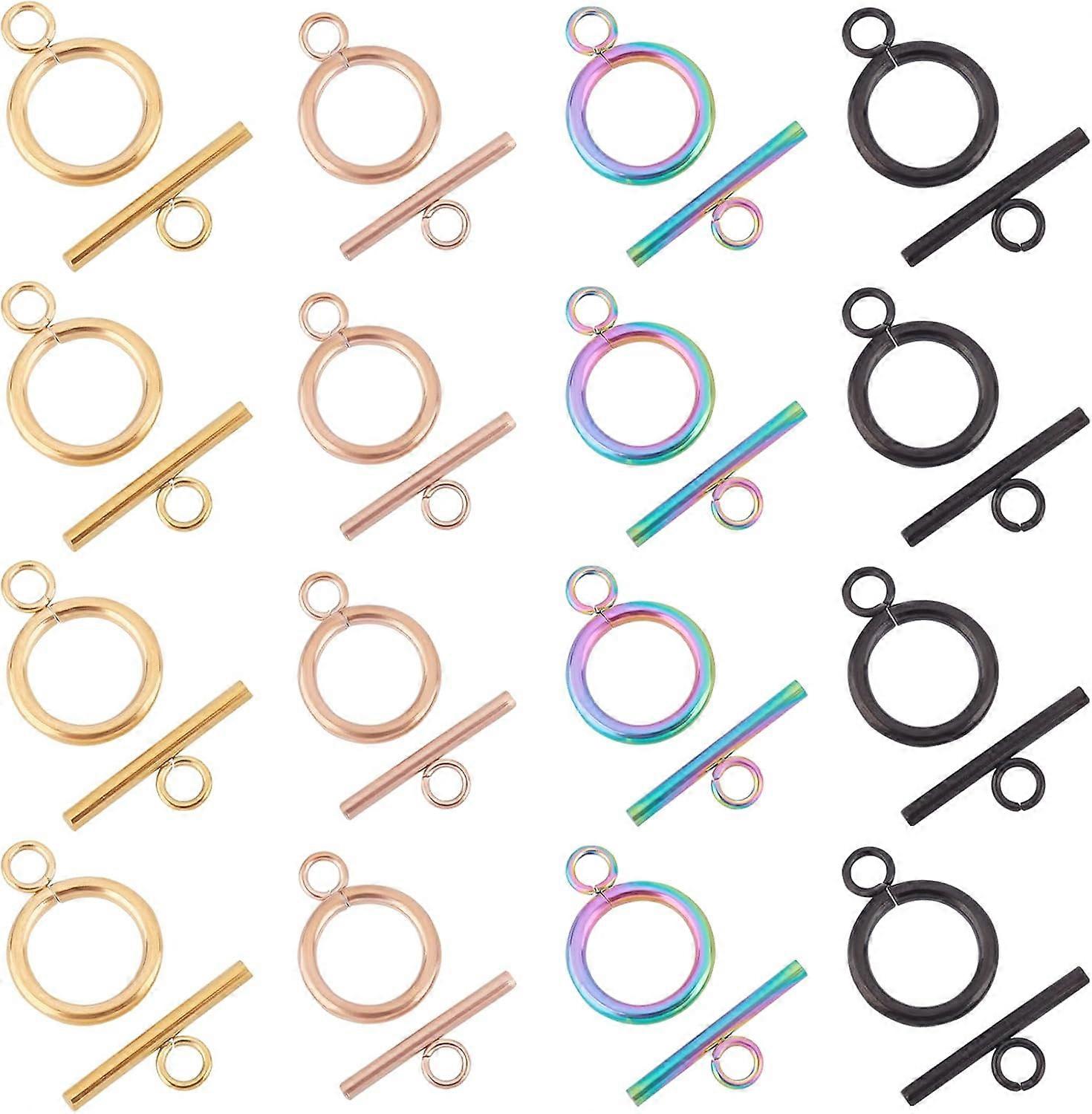 16 Sets 4 Color Stainless Steel Toggle Clasps Ring IQ Clasps OT Clasps T-Bar Closure Clasps Mixed Color Tibetan Style Round Clasps for Jewelry Making