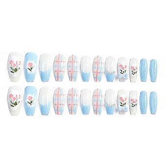 Glossy False Nail Salon Set Tulips Butterfly Grid Print Nail Natural Wear
