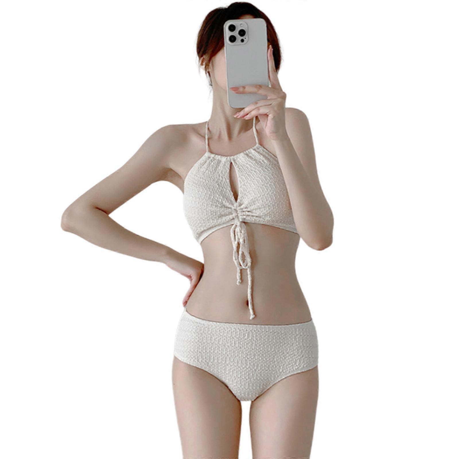 Kvinnor Dragsko Slips Baddräkt 3 st Split Baddräkt med Strandkjol Mode Push Up Badkläder Baddräkt Set Beige XL