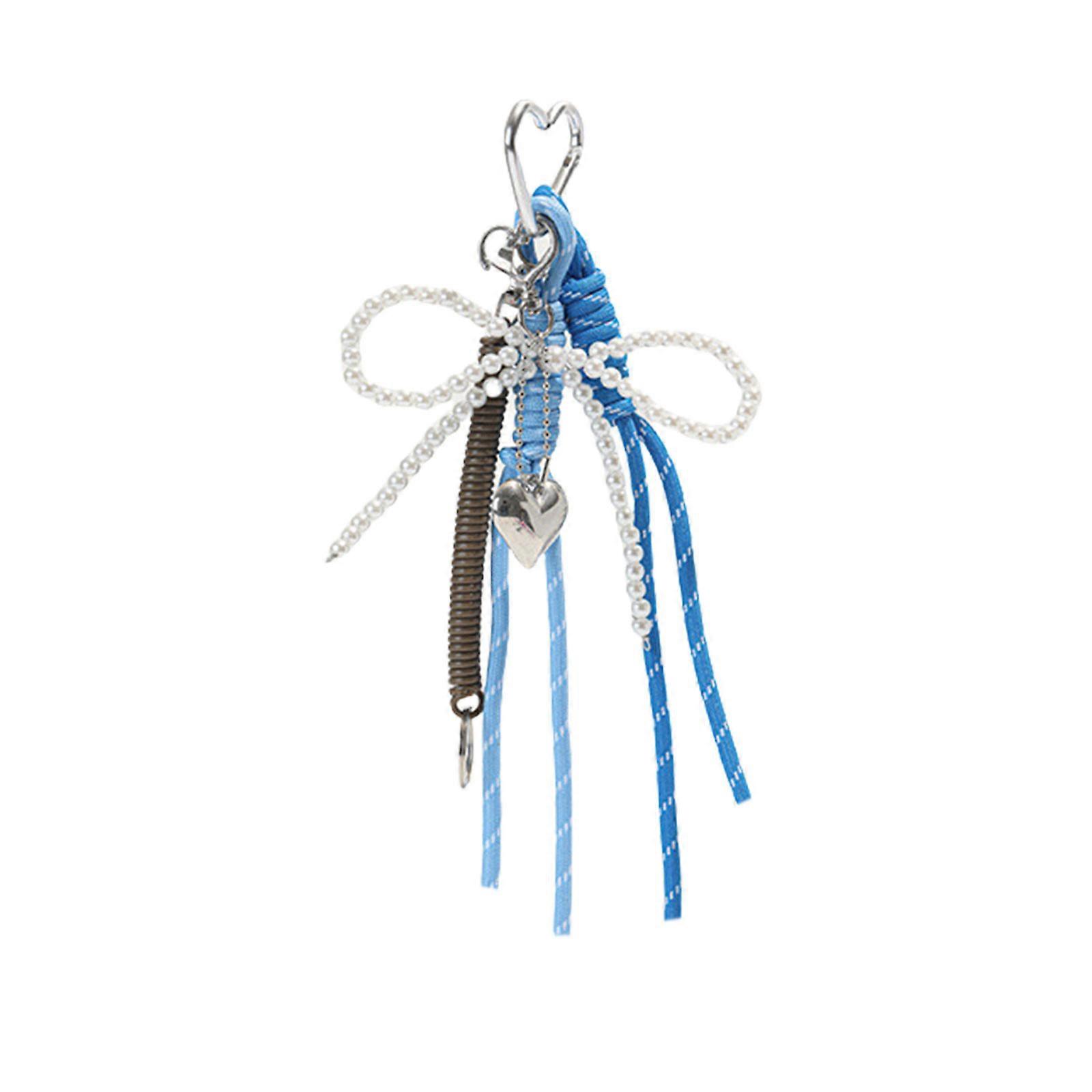 Bowknot Heart Charm Key Holder with Woven Lanyard Colorful Keyring Accessory Handmade Bag Pendant for Daily Use Light Blue