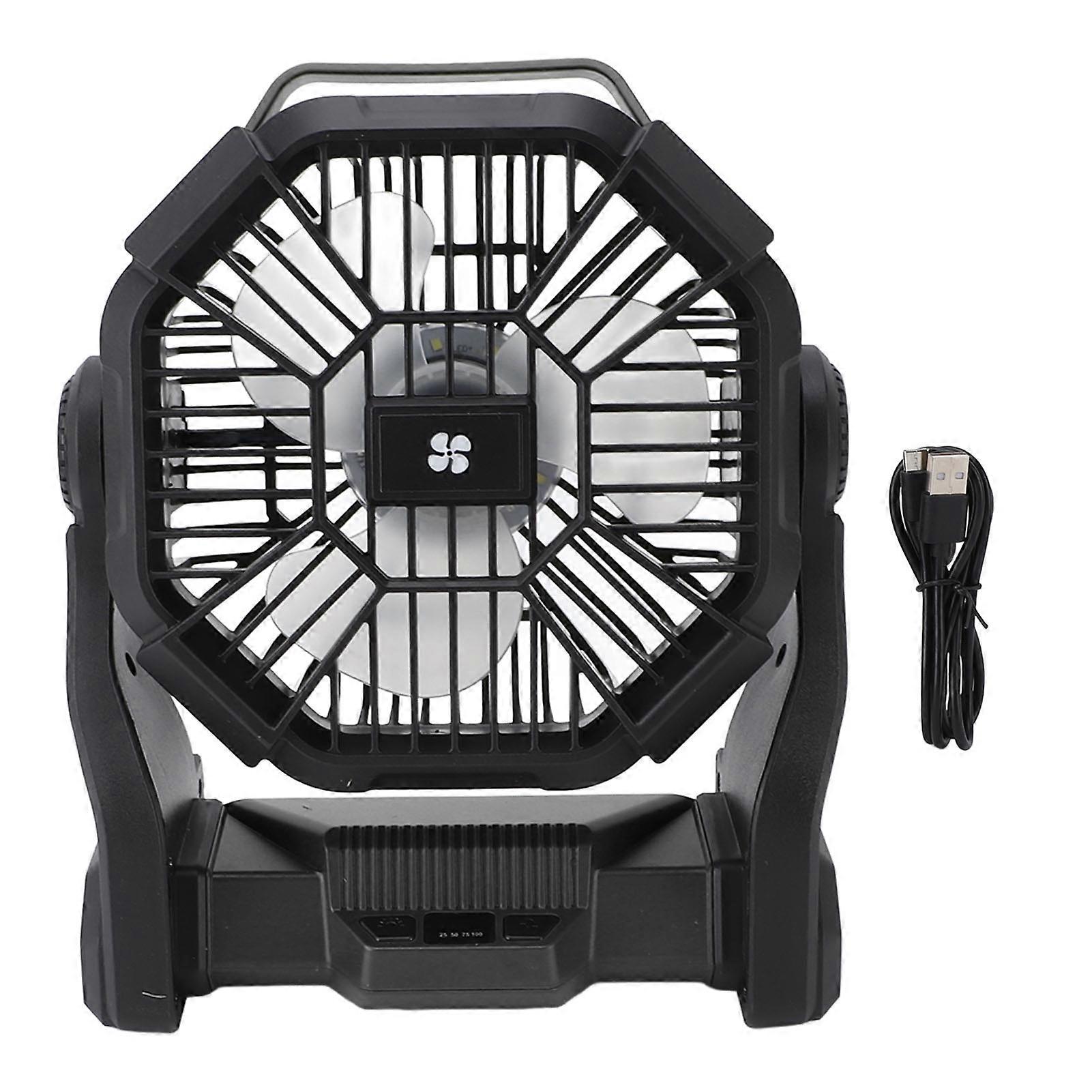 Professional and efficient USB rechargeable camping fan with LED lantern, black